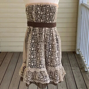 Ryu Anthroplogie Sleeveless Dress Brown With Camel Lace Overlay Fringe Sz Large